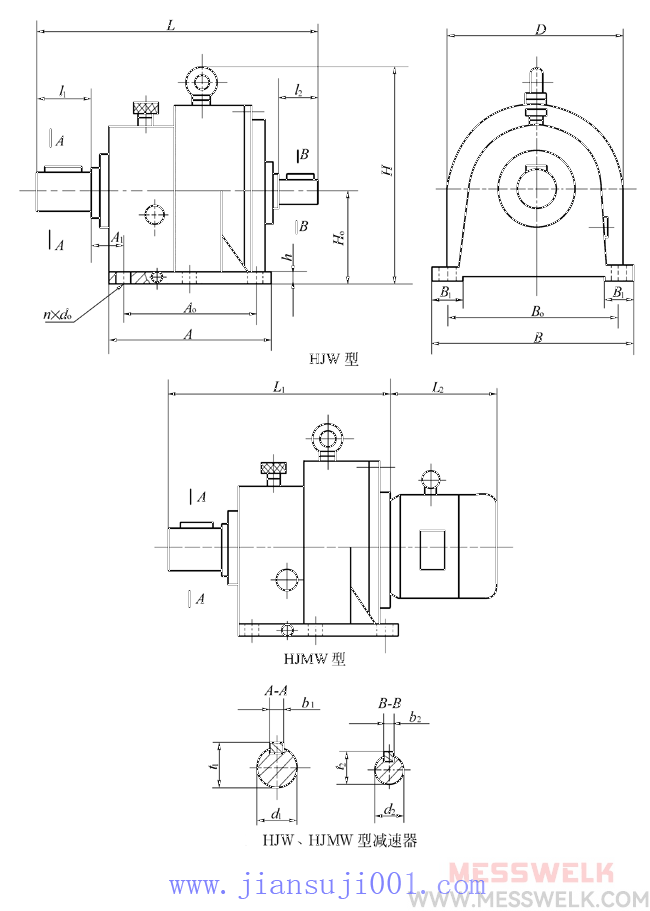 HJW、HJMW型星轮减速机外形及安装尺寸