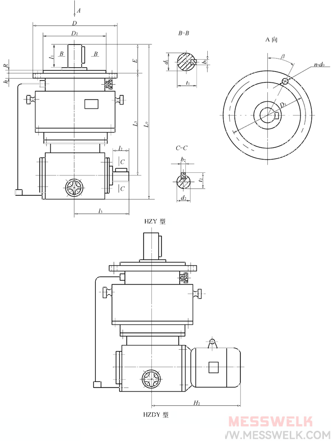 HZY、HZDY型垂直出轴混合少齿差行星齿轮减速机型式及主要尺寸