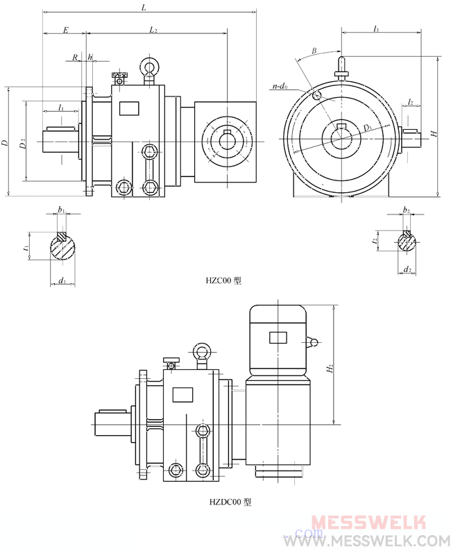 HZC、HZDC型垂直出轴混合少齿差行星齿轮减速机型式及主要尺寸