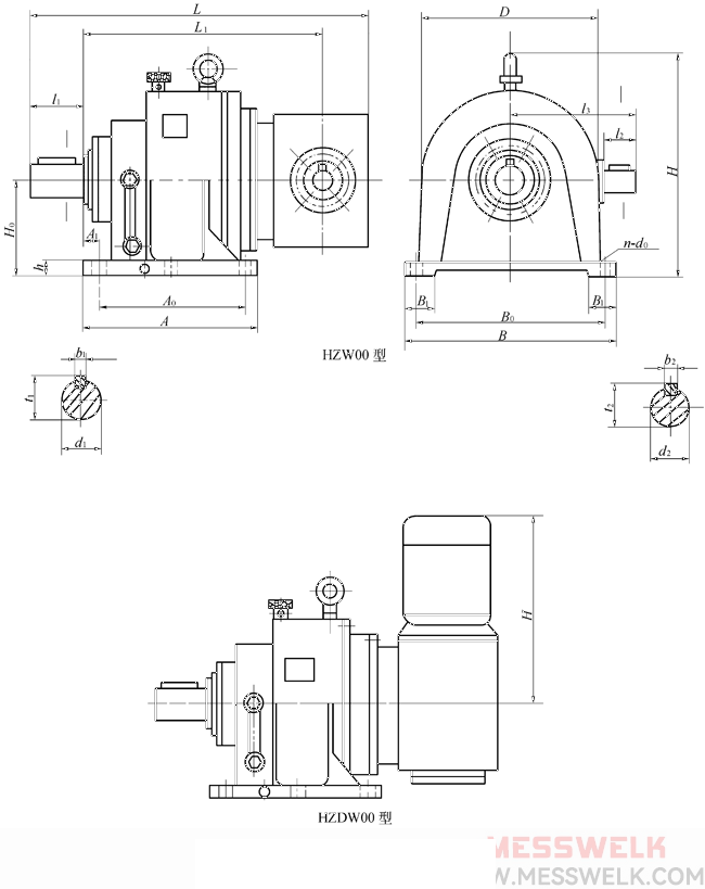HZW、HZDW型垂直出轴混合少齿差行星齿轮减速机型式及主要尺寸
