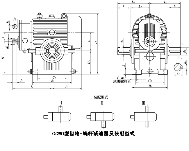 GCWO100、GCWO125、GCWO160、GCWO200、GCWO250、型低速级蜗杆在蜗轮之上的齿轮-蜗杆减速机的装配形式与主要尺寸（JB/T7008-1993）