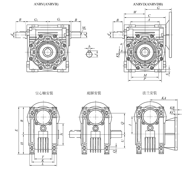 ANRV系列蜗轮蜗杆减速电动机安装尺寸 