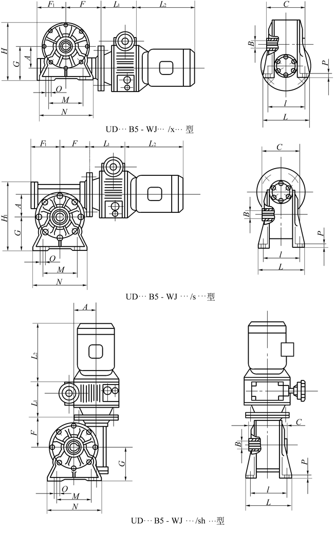 UD…B5-WJ…/x…型、UD…B5-WJ…/s…型、UD…B5-WJ…/sh…型基本型与蜗轮减速机组合外形安装尺寸