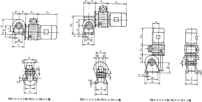 XB配一级蜗轮减速机的外形及安装尺寸