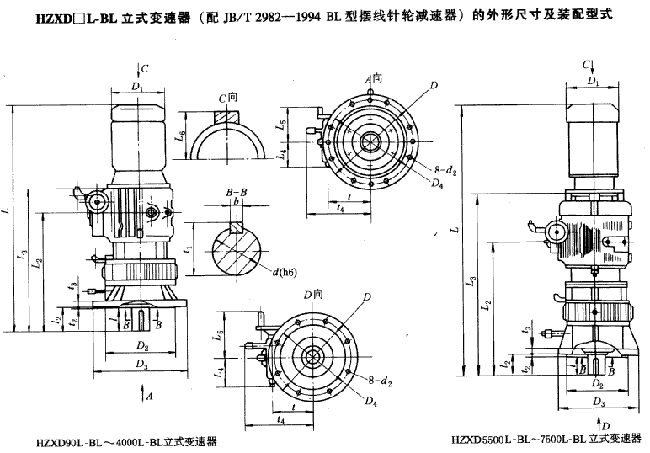 HZXD□L-BL环锥行星无级变速器的的外形及装配尺寸