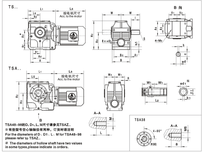 TS、TSA系列蜗轮蜗杆减速机外形安装尺寸