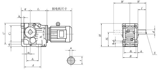 B37、B47、B67、B77、B87、B97、B107、B127、B157、系列斜齿轮伞齿轮减速电机安装结构尺寸