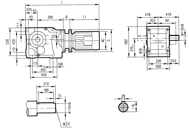 GK127型斜齿轮弧齿锥齿轮减速电机安装结构图尺寸