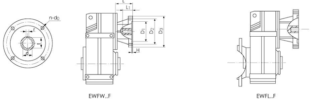 EWF37、EWF47、EWF67、EWF77、EWF87、EWF97、EWF107、EWF127、EWF157、平行轴斜齿轮减速机输入方式尺寸图表