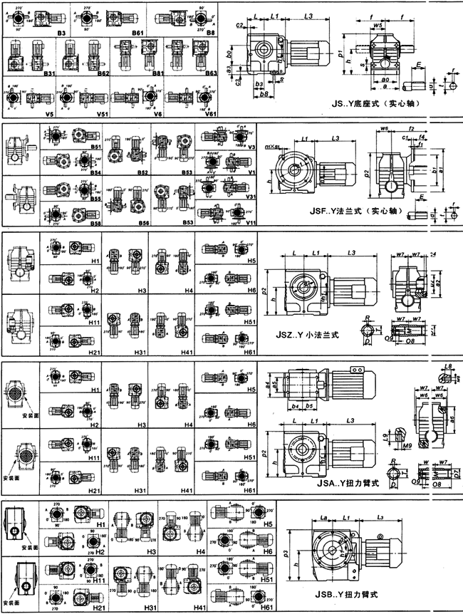 JS系列斜齿轮-蜗轮减速机安装方位和尺寸图表（JS37-JS97）