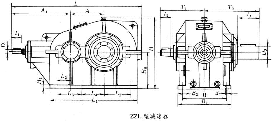 ZZL40、ZZL45、ZZL50、ZZL55、ZZL60、ZZL65、ZZL70、ZZL75、型圆锥圆柱齿轮减速机的外形尺寸