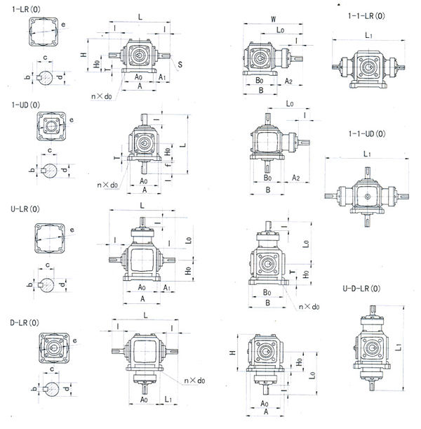 BZ2、BZ4、BZ6、BZ7、BZ8、BZ10、BZ12、系列螺旋锥齿轮转向箱安装尺寸