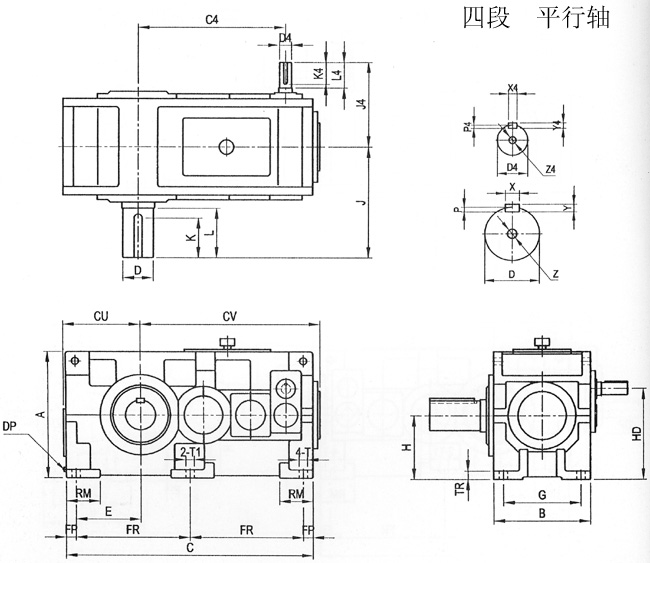 TK系列齿轮减速机四段平行轴外形及安装尺寸