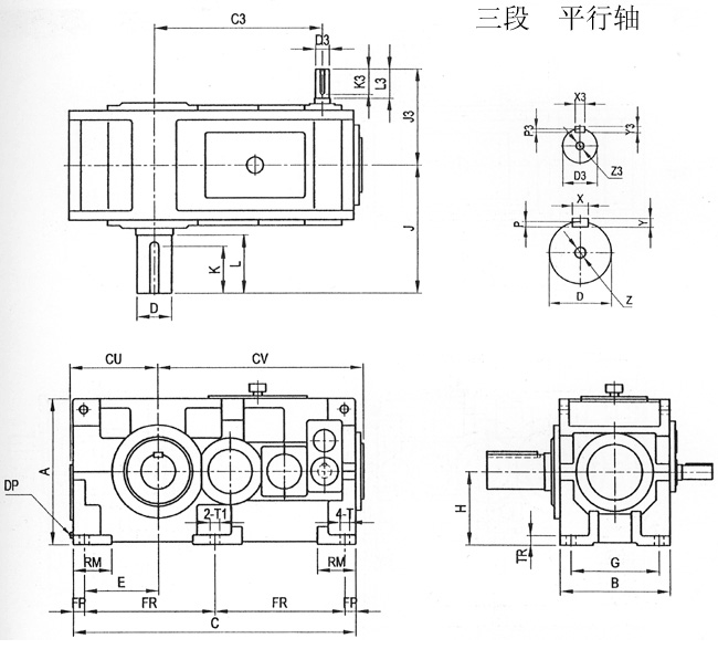 TK系列齿轮减速机三段平行轴外形及安装尺寸