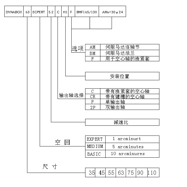 DYNABOX正交精密行星齿轮减速机标记示例及安装方式