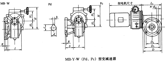 蜗杆减速机与无级变速器组合型MB-Y-W(Pd、Pc)型变减速机外型及主要尺寸