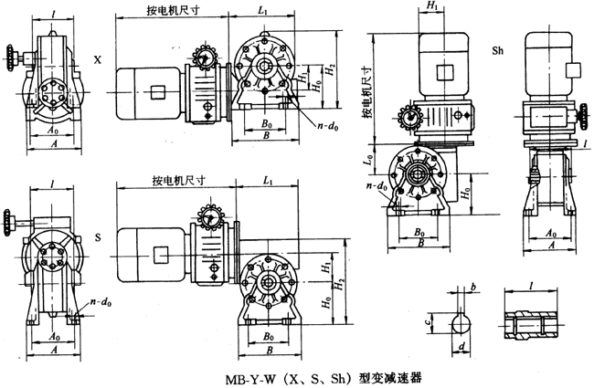 Y-W（X、S、Sh）型蜗杆减速机外型及主要尺寸